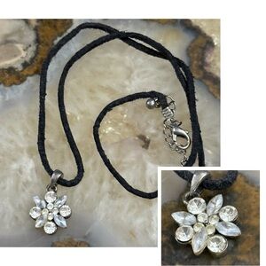 Dainty Crystal Floral Pendant with Black Cord Necklace
